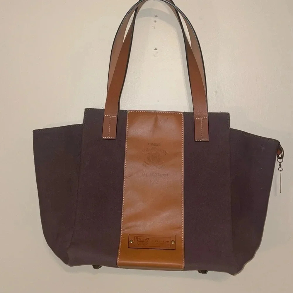 Le Papillon women’s purse tote bag shoulder bag brown tan canvas leather classic